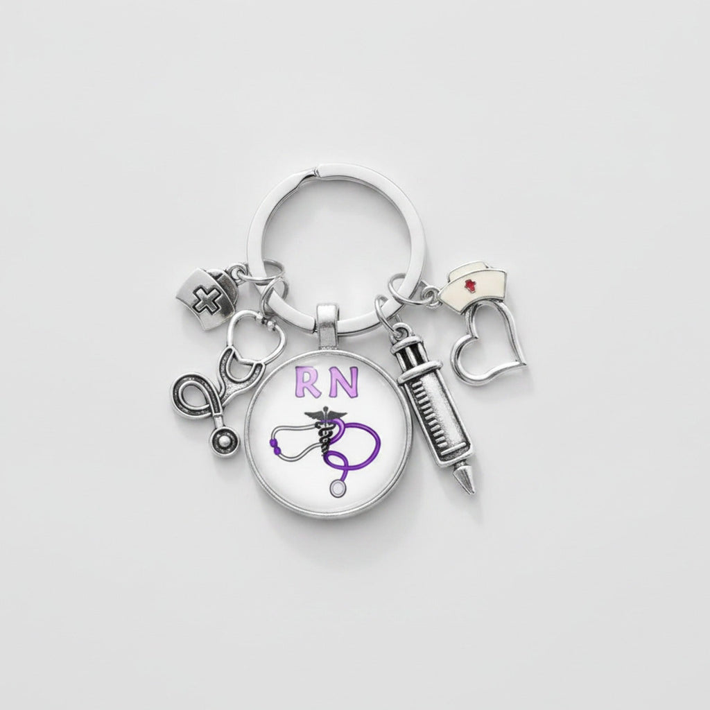 Medical Charm Heart Acrylic Keyring - Purple RN Nurse