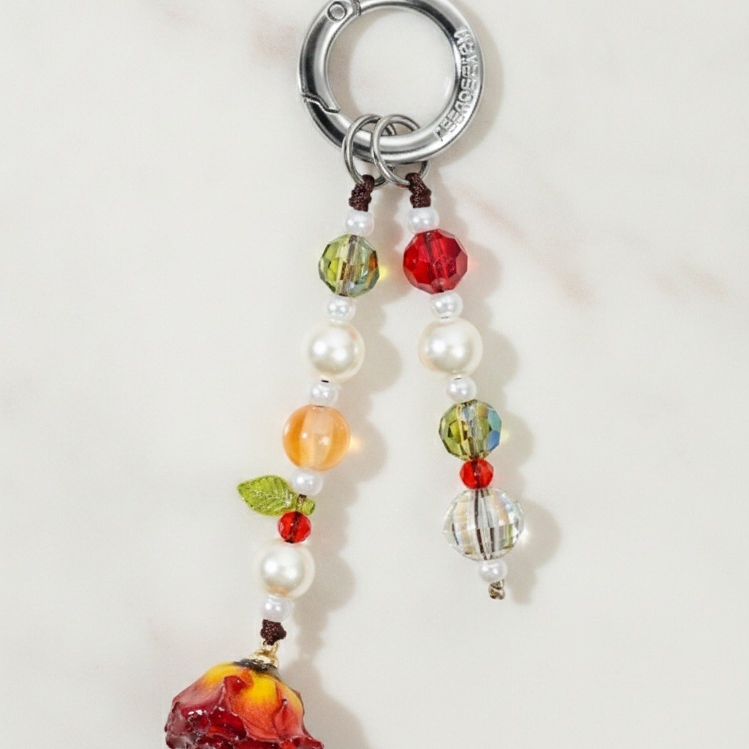Beaded Pearl Flower Charm Acrylic Keyring - Sunny Rose Single Chain Keychain