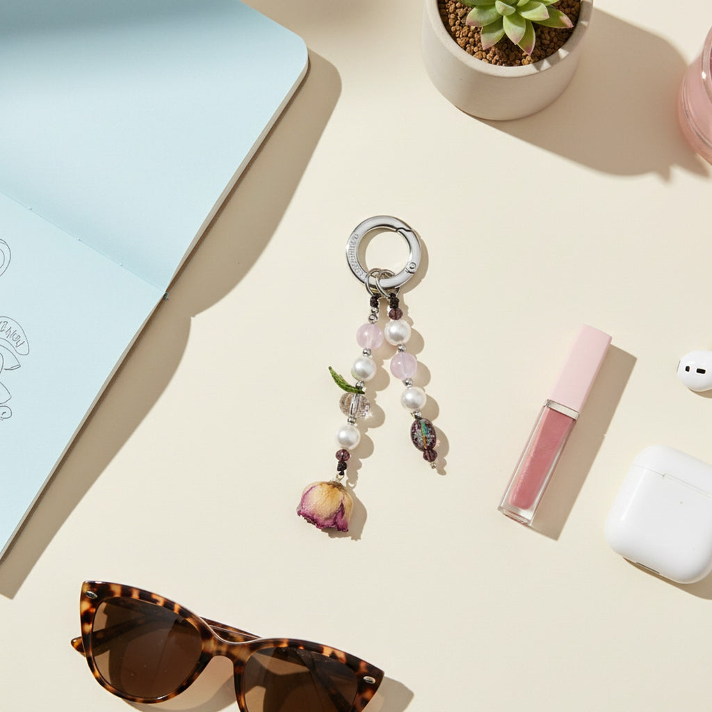 Beaded Pearl Flower Charm Acrylic Keyring - Holographic Rose Single Chain with Packaging – novelty & toys (view 3)