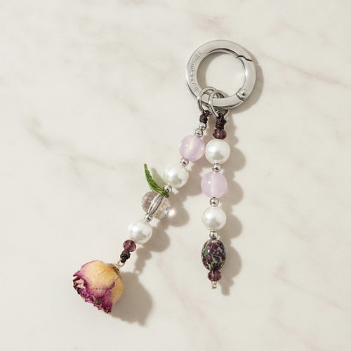 Beaded Pearl Flower Charm Acrylic Keyring - Holographic Rose Single Chain with Packaging