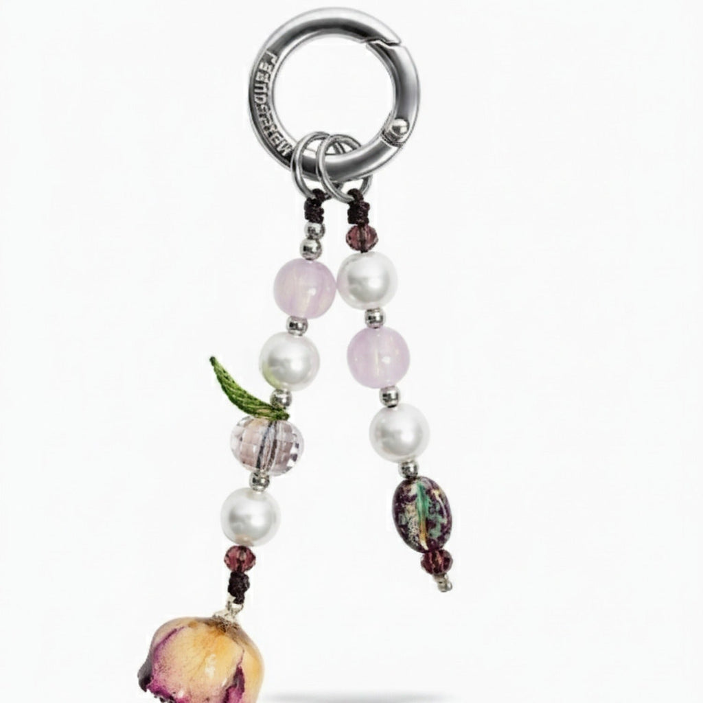 Beaded Pearl Flower Charm Acrylic Keyring - Holographic Rose Single Chain with Packaging