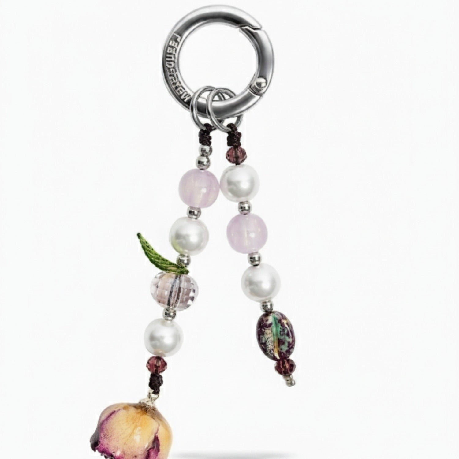 Beaded Pearl Flower Charm Acrylic Keyring - Holographic Rose Single Chain with Packaging