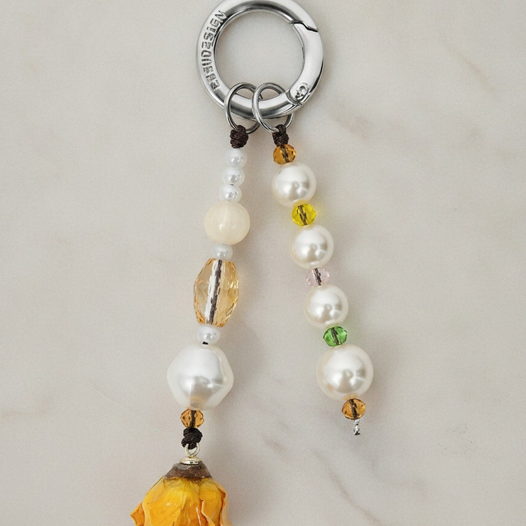 Beaded Pearl Flower Charm Acrylic Keyring - Yellow Rose Single Chain