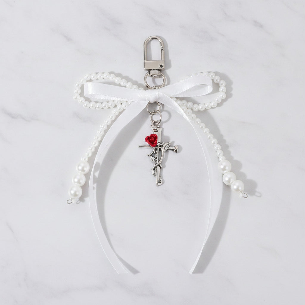 Pearl Bow Cross Keychain Charm - White 1-Pack – novelty & toys (view 2)