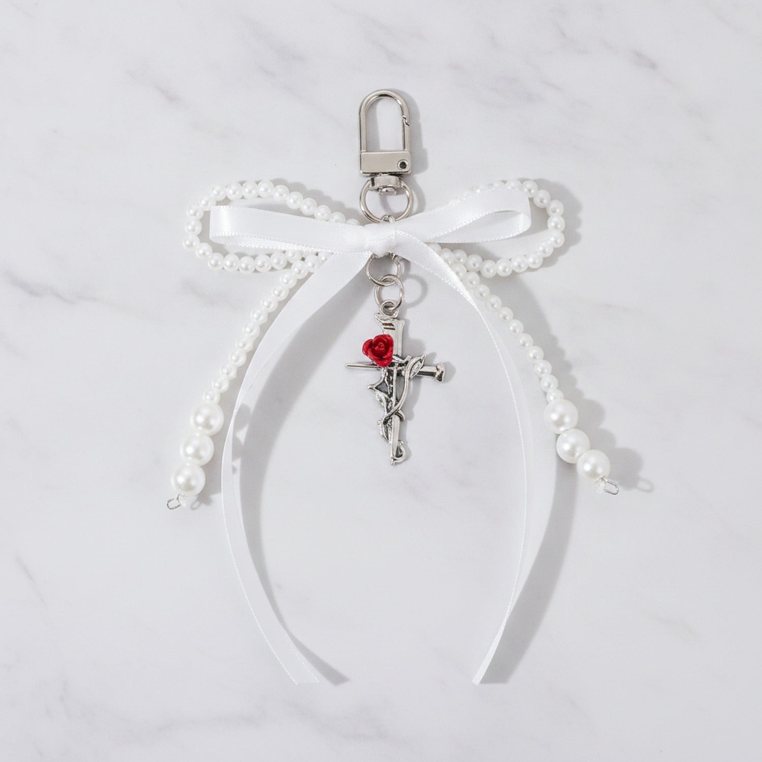 Pearl Bow Cross Keychain Charm - White 1-Pack