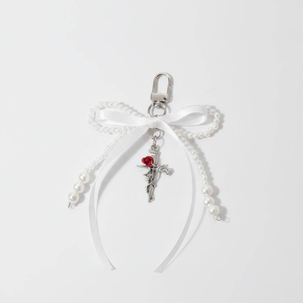 Pearl Bow Cross Keychain Charm - White 1-Pack – novelty & toys (view 1)