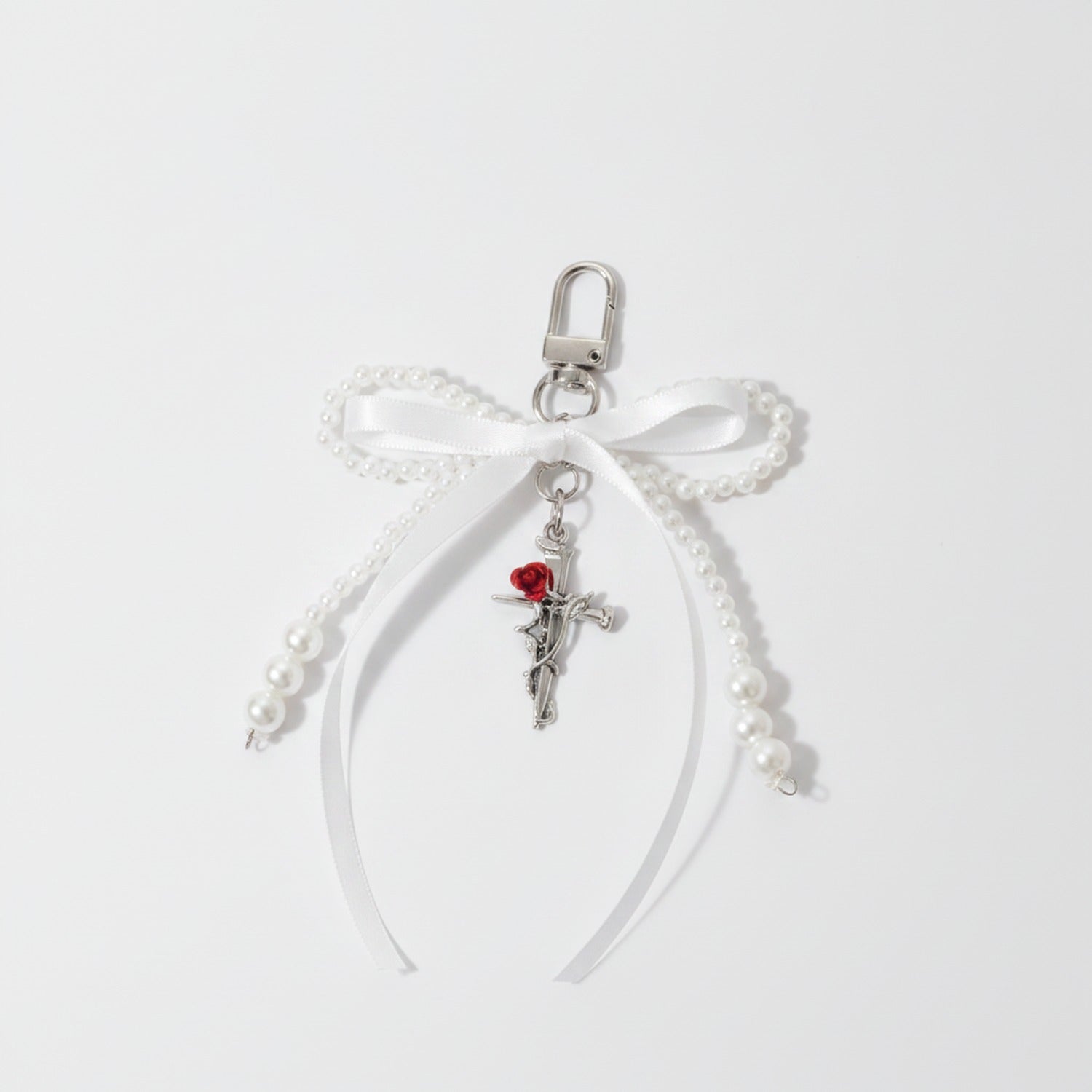 Pearl Bow Cross Keychain Charm - White 1-Pack