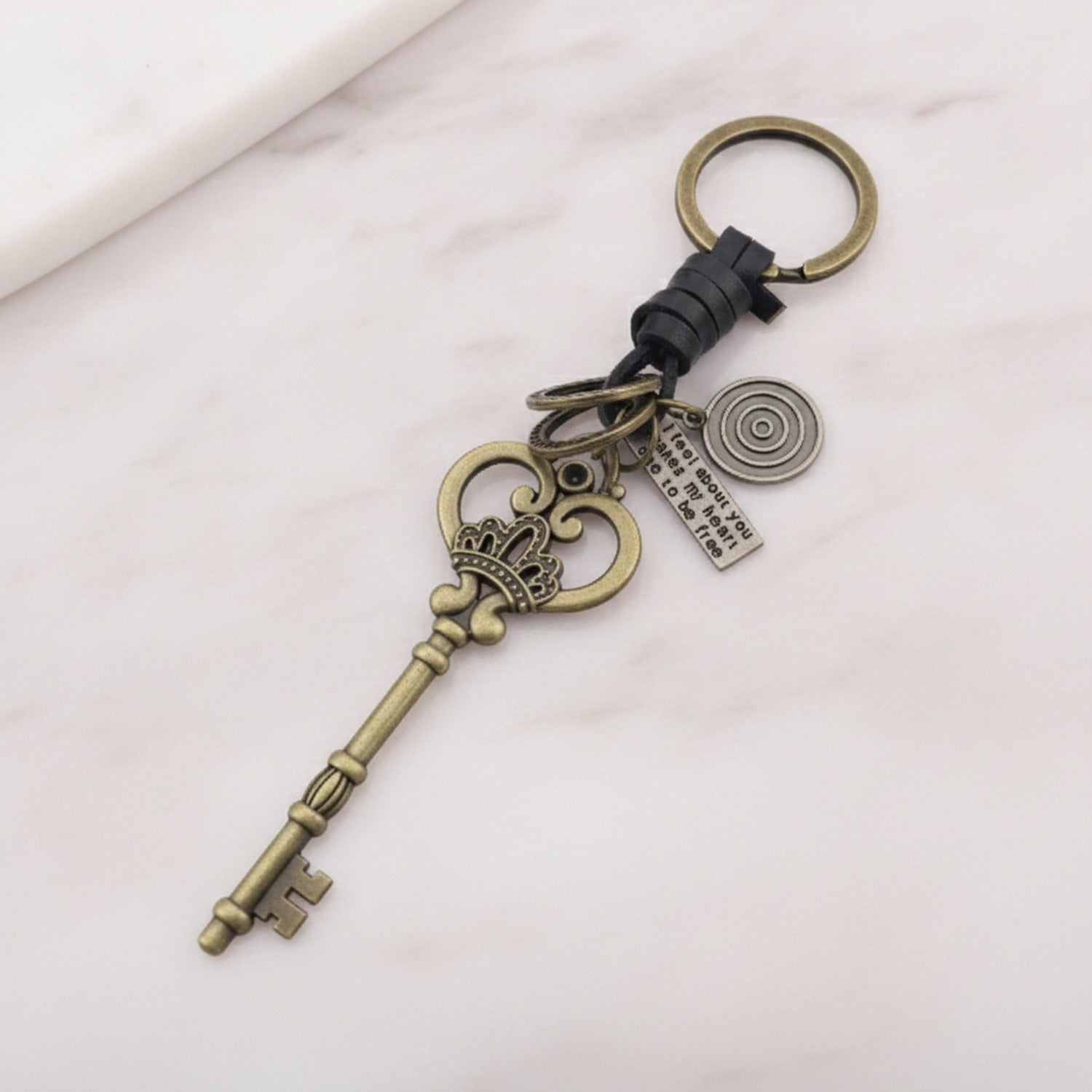 Vintage Brass Key Charm Keyring With Celestial Pendant