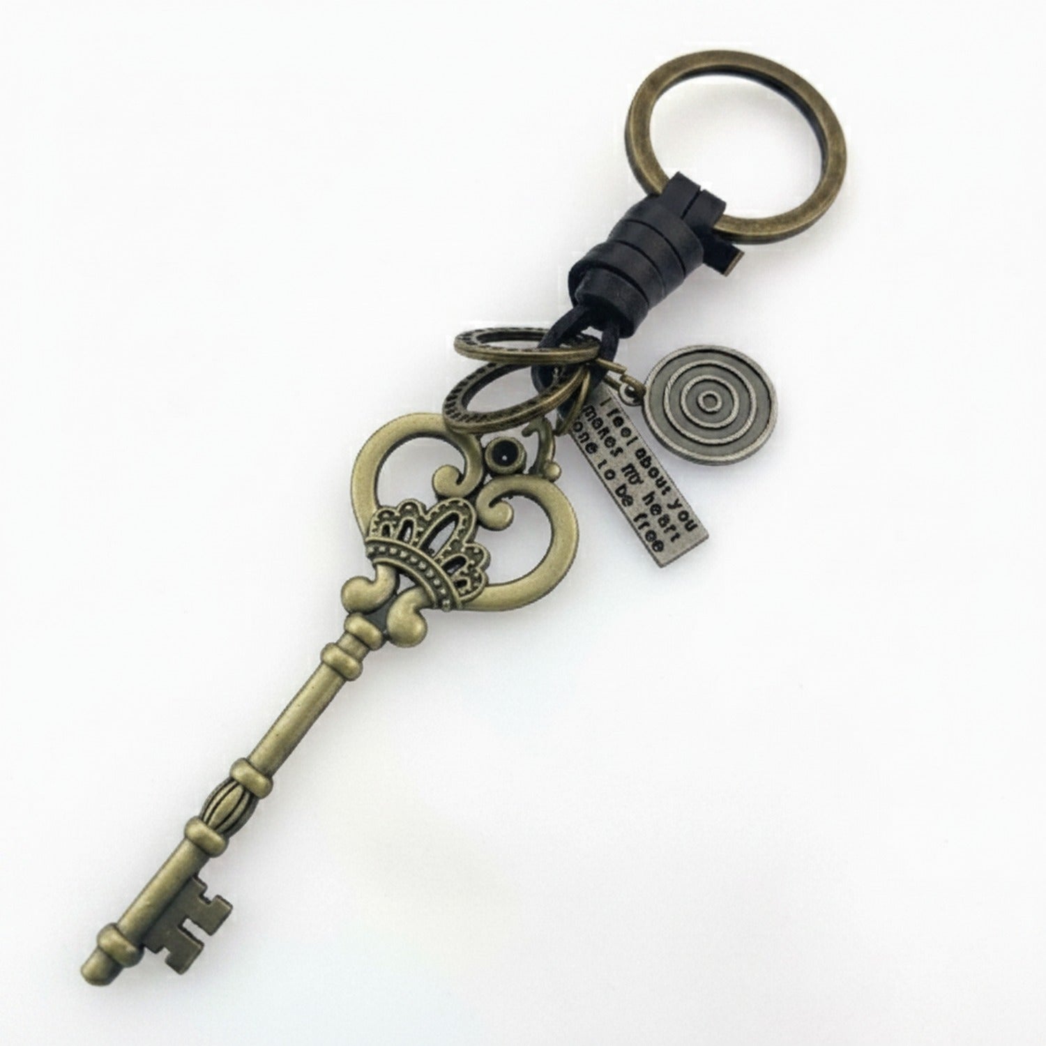 Vintage Brass Key Charm Keyring With Celestial Pendant