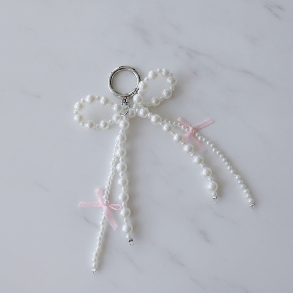 Pearl Beaded Bow Keyring Charm - Pearl Pink Bow