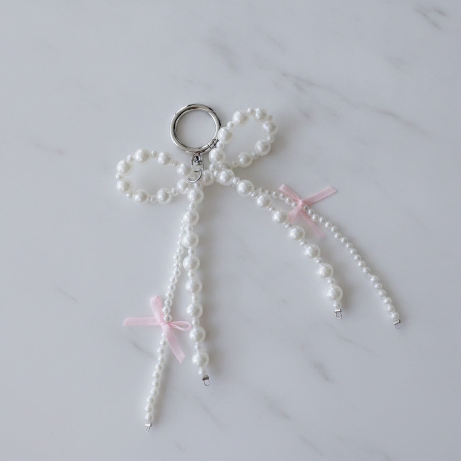 Pearl Beaded Bow Keyring Charm - Pearl Pink Bow