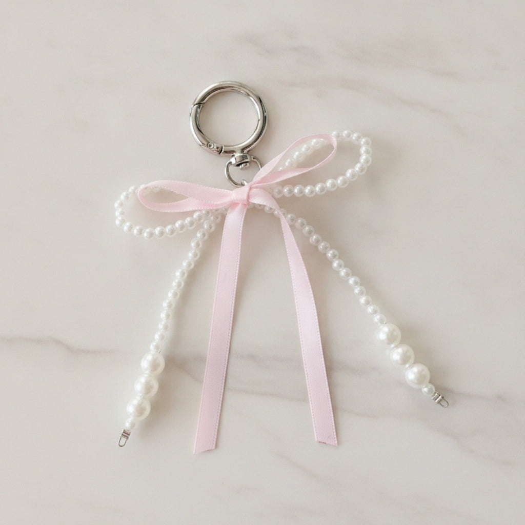 Pearl Beaded Bow Keyring Charm - M191 Pink