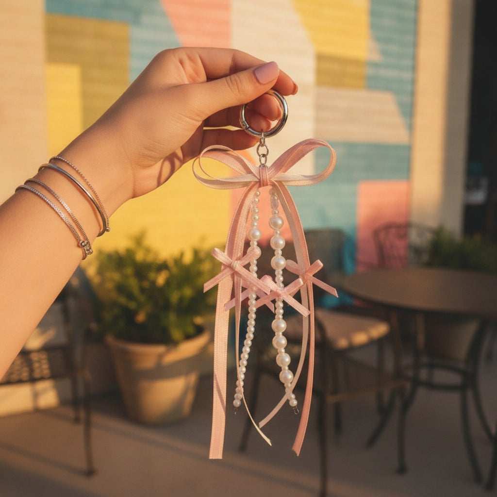 Elegant Ribbon Pearl Keychain with Bows - M390 Pink