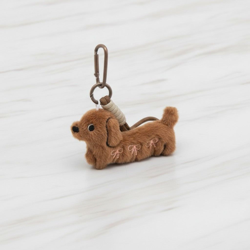 Fluffy Brown Dachshund Keychain With Bow Charms – novelty & toys (view 2)