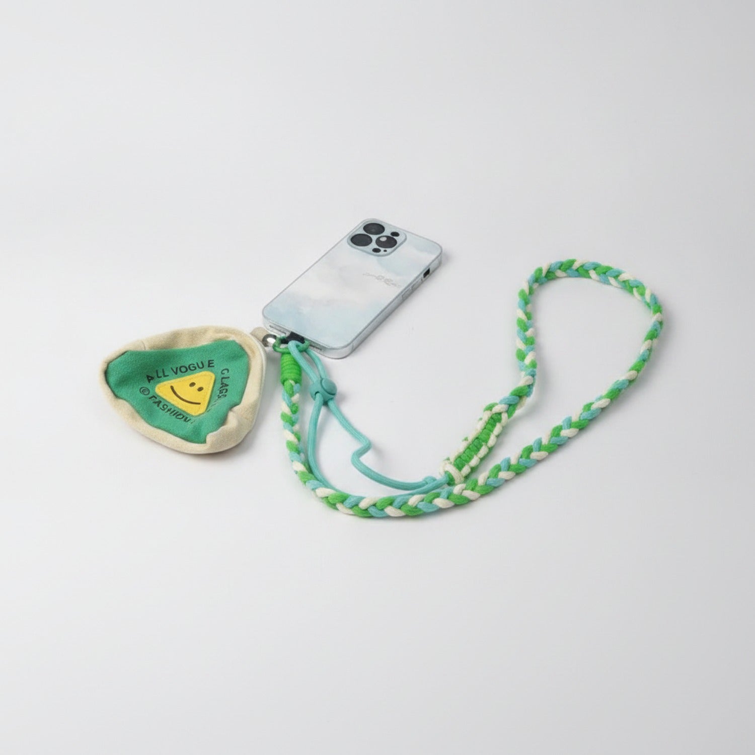 Braided Lanyard Phone Sling with Pouch - Adjustable Mint Green Beige Long Rope Pouch Green Charm