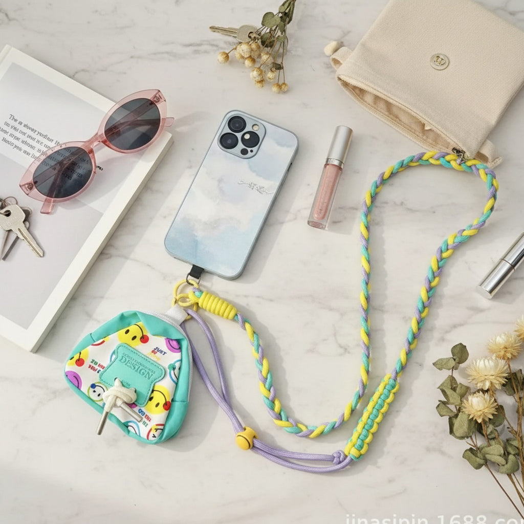 Braided Lanyard Phone Sling with Pouch - Adjustable Crossbody Green Purple Yellow Rope Pouch Set – tech (view 2)