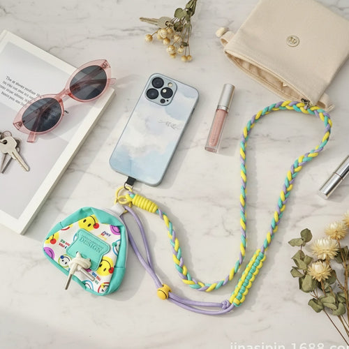 Braided Lanyard Phone Sling with Pouch - Adjustable Crossbody Green Purple Yellow Rope Pouch Set
