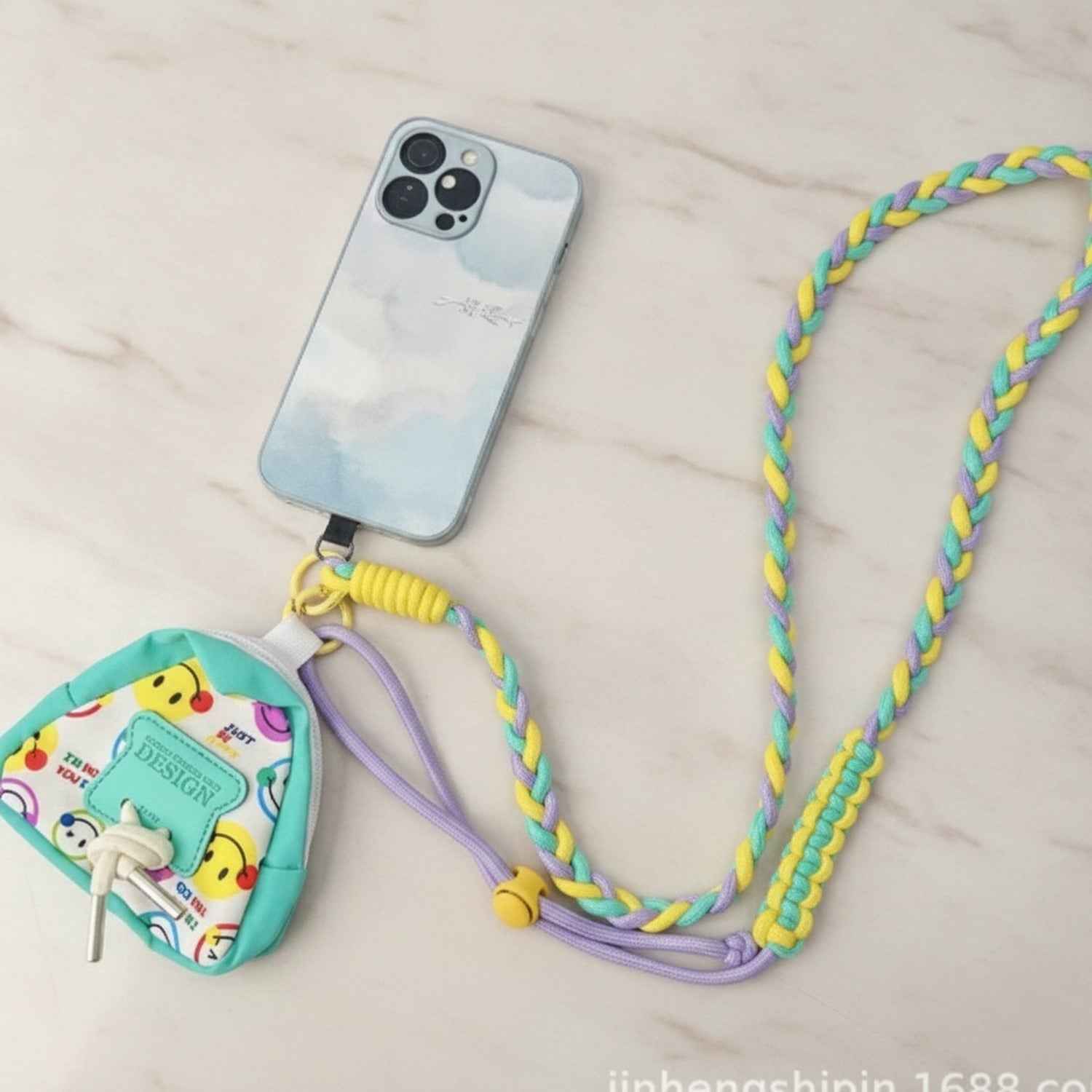 Braided Lanyard Phone Sling with Pouch - Adjustable Crossbody Green Purple Yellow Rope Pouch Set