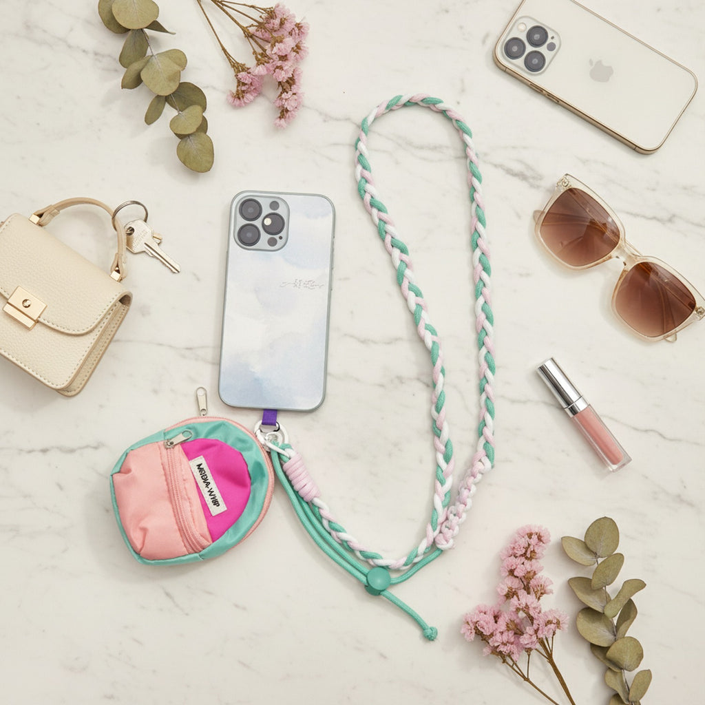 Braided Lanyard Phone Sling with Pouch - Adjustable Crossbody Mint Green Pink White Long Rope + Backpack Coin Pouch + Pink T (view 3)