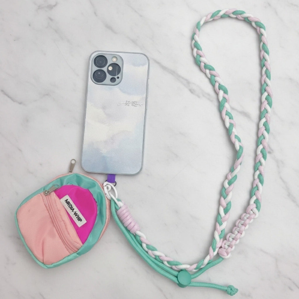 Braided Lanyard Phone Sling with Pouch - Adjustable Crossbody Mint Green Pink White Long Rope + Backpack Coin Pouch + Pink T-shirt Charm