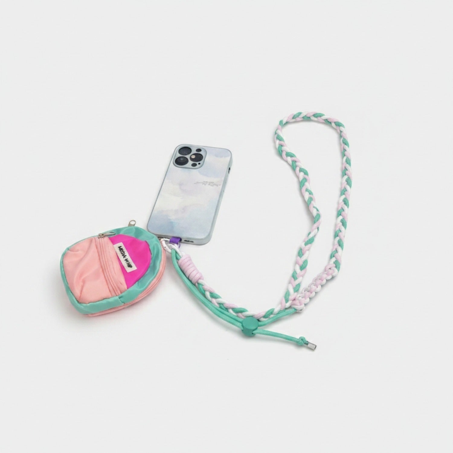Braided Lanyard Phone Sling with Pouch - Adjustable Crossbody Mint Green Pink White Long Rope + Backpack Coin Pouch + Pink T-shirt Charm