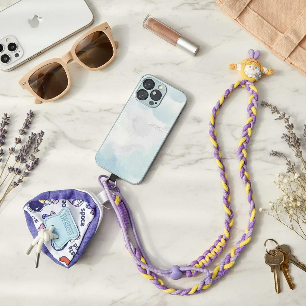 Braided Lanyard Phone Sling with Pouch - Adjustable Crossbody Purple Combo Set
