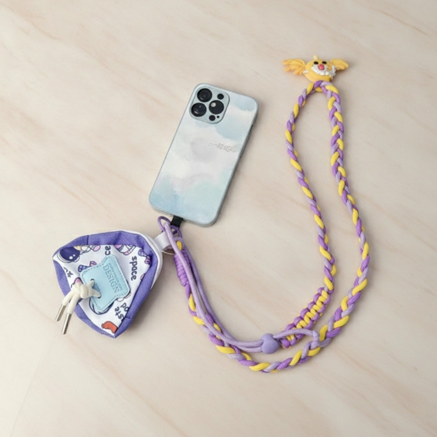 Braided Lanyard Phone Sling with Pouch - Adjustable Crossbody Purple Combo Set