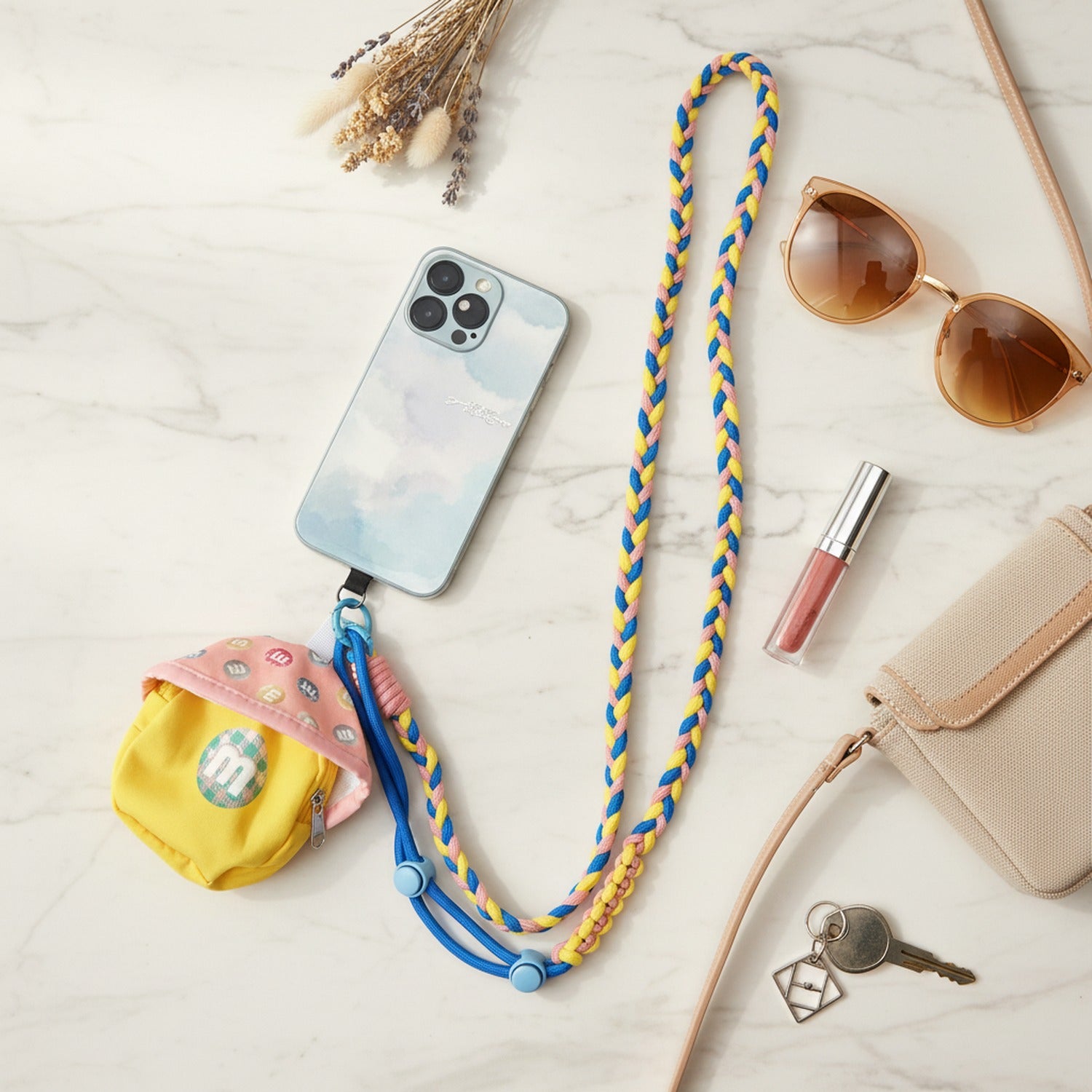 Braided Lanyard Phone Sling with Pouch - Adjustable Crossbody Navy Pink Yellow Rope + Hat Coin Pouch + Pink T Charm
