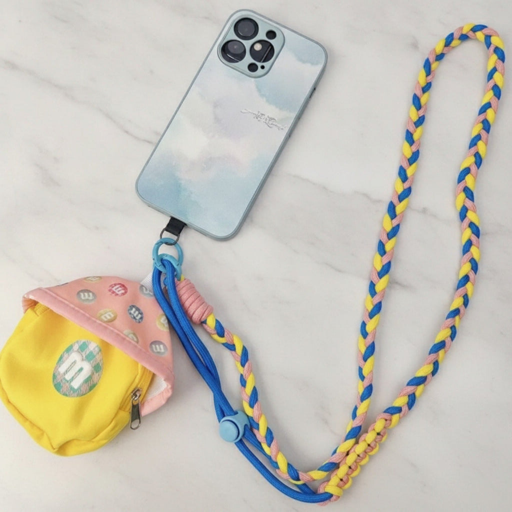 Braided Lanyard Phone Sling with Pouch - Adjustable Crossbody Navy Pink Yellow Rope + Hat Coin Pouch + Pink T Charm