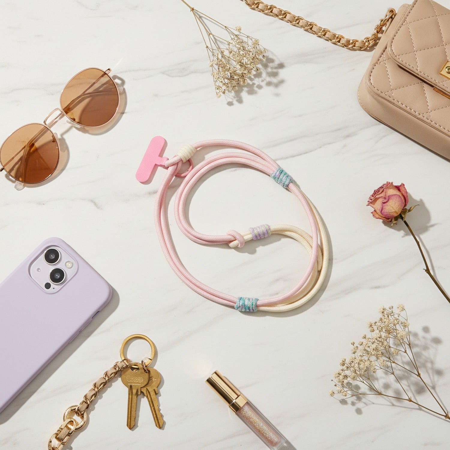Rope Phone Strap With Beaded Detailing - Pink Beige Adjustable Crossbody/Lanyard/Wristlet