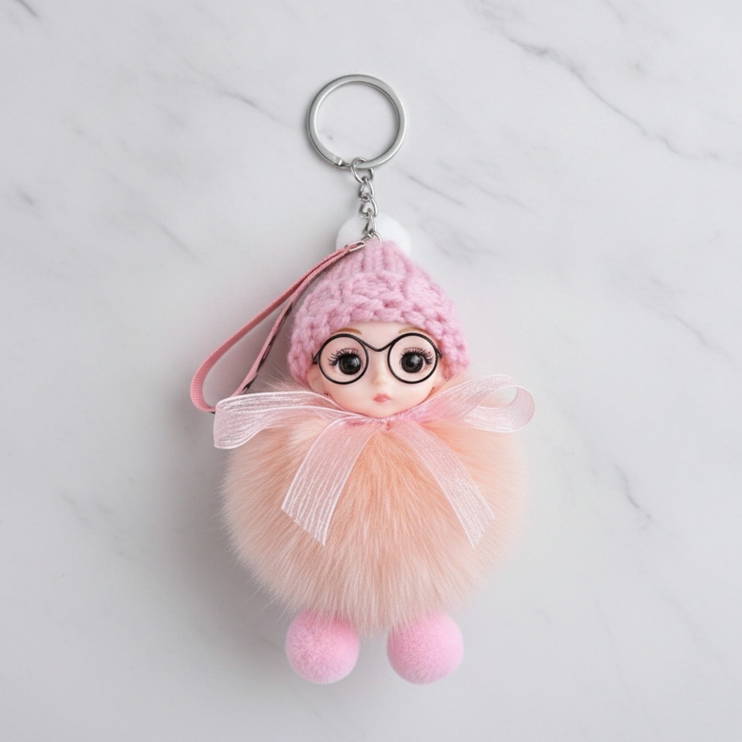 Fuzzy Doll Keychain With Glasses Charm - Korean Pink – novelty & toys (view 2)
