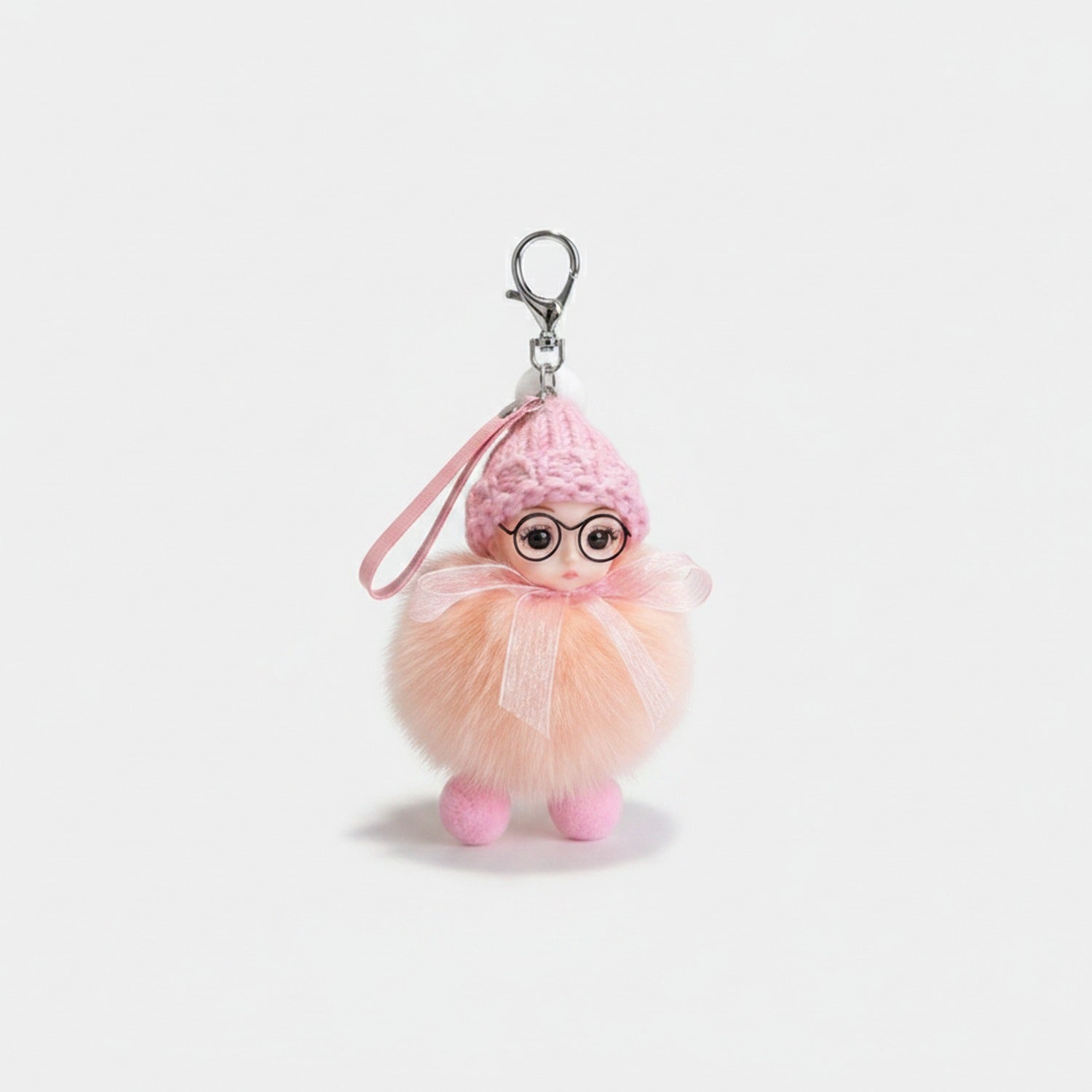 Fuzzy Doll Keychain With Glasses Charm - Korean Pink – novelty & toys (view 1)