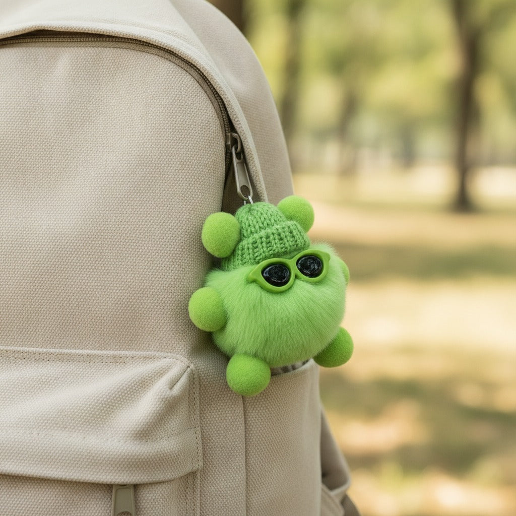 Lime Green Fuzzy Monster Acrylic Keyring With Beaded Chain