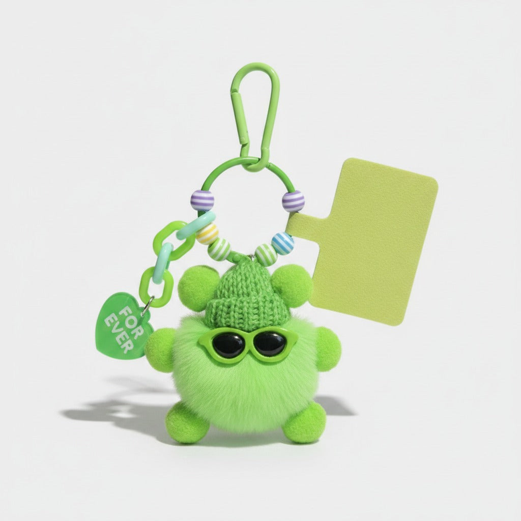 Lime Green Fuzzy Monster Acrylic Keyring With Beaded Chain