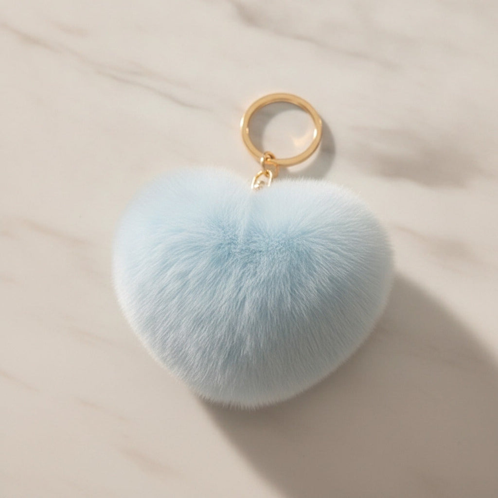 Fuzzy Heart Keychain Pom Pom - Sky Blue