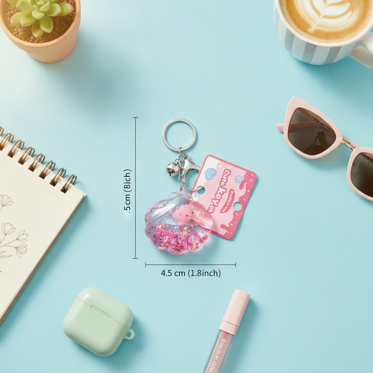 Pink Glitter Shell Acrylic Keyring with Pearl Charm