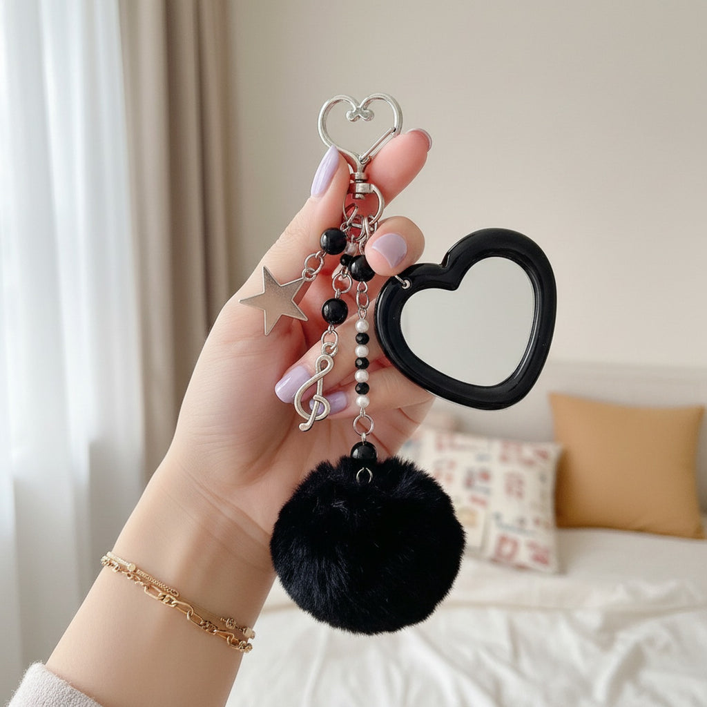 Heart Charm Keychain with Fluffy Pom - Black Pom Pom Keychain – novelty & toys (view 2)