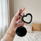Heart Charm Keychain with Fluffy Pom - Black Pom Pom Keychain – novelty & toys (view 2)