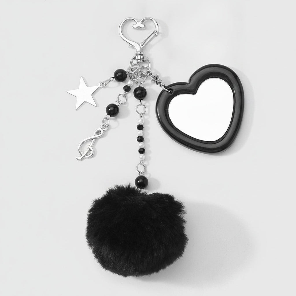 Heart Charm Keychain with Fluffy Pom - Black Pom Pom Keychain – novelty & toys (view 1)