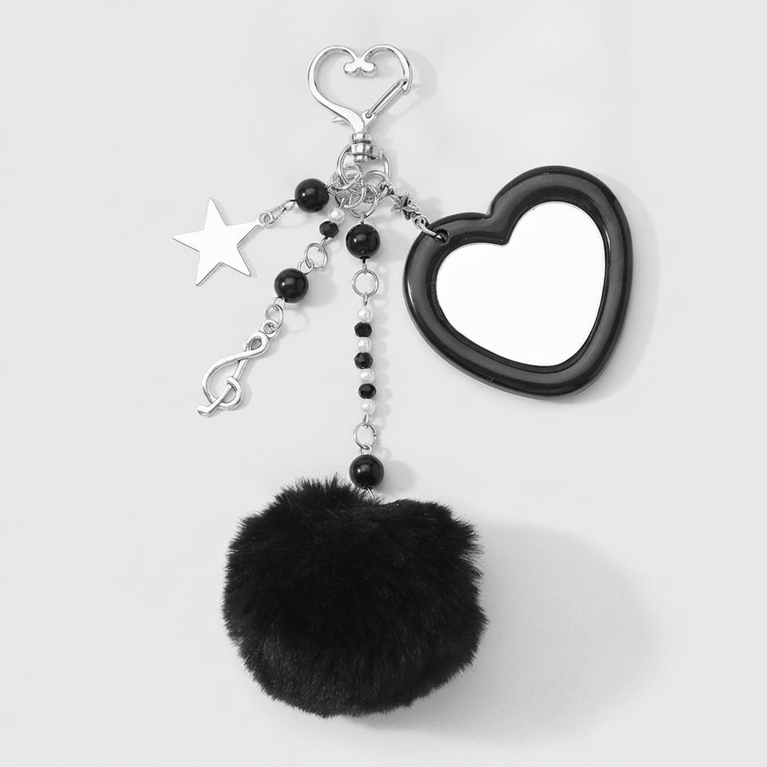 Heart Charm Keychain with Fluffy Pom - Black Pom Pom Keychain – novelty & toys (view 1)