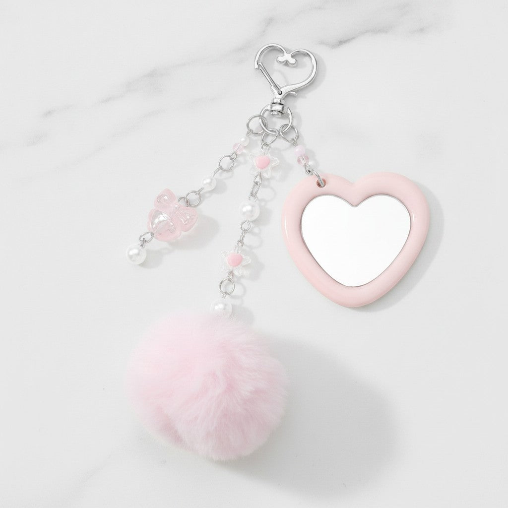 Heart Charm Keychain with Fluffy Pom - Pink Pom Pom Keychain – novelty & toys (view 3)