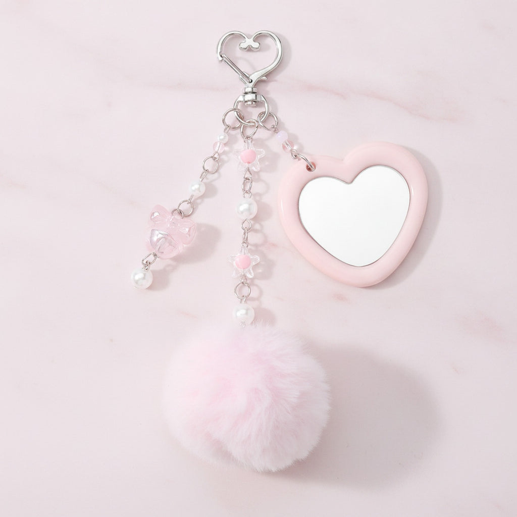 Heart Charm Keychain with Fluffy Pom - Pink Pom Pom Keychain – novelty & toys (view 2)