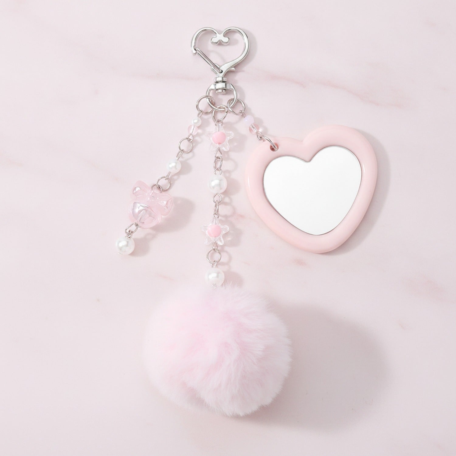 Heart Charm Keychain with Fluffy Pom - Pink Pom Pom Keychain – novelty & toys (view 2)