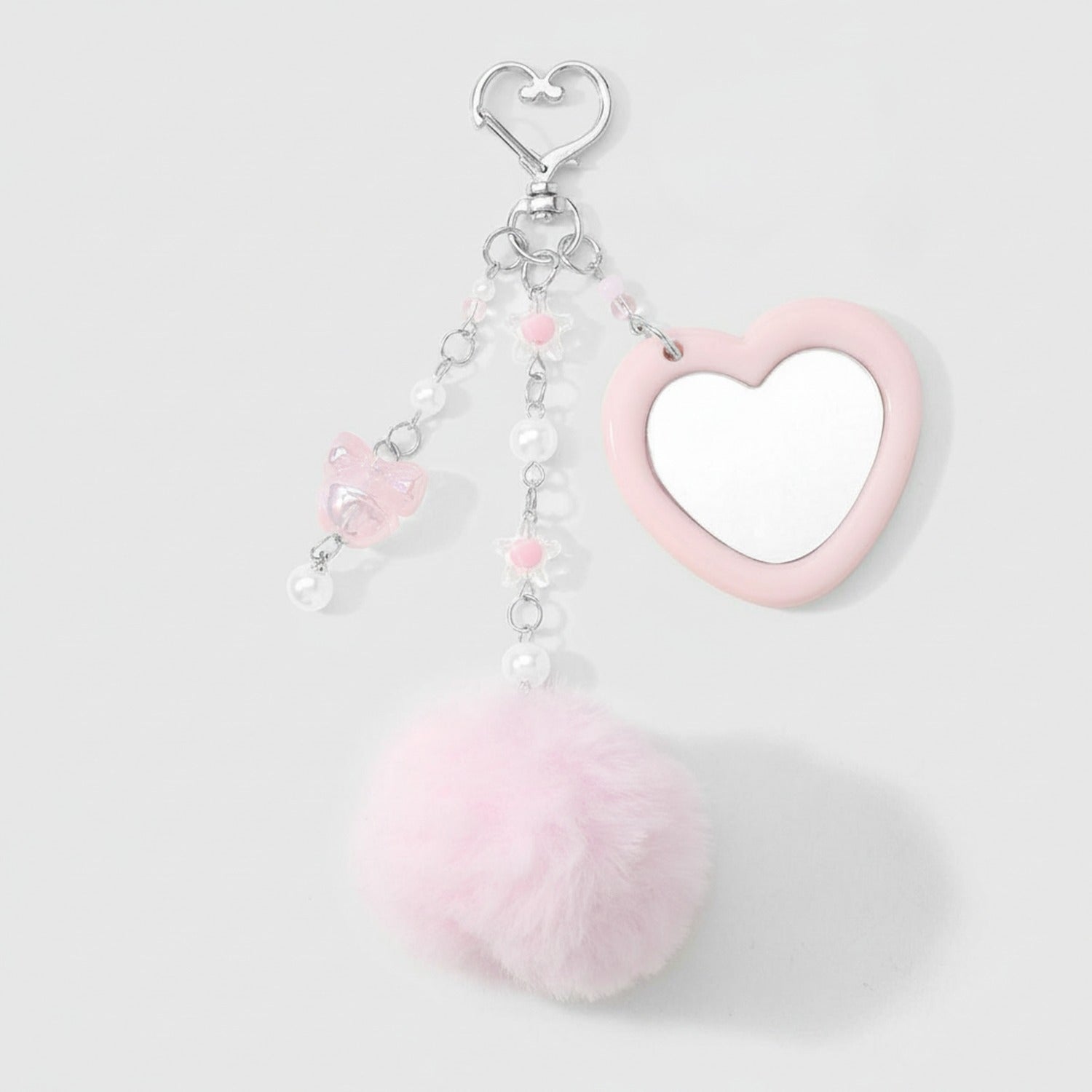 Heart Charm Keychain with Fluffy Pom - Pink Pom Pom Keychain – novelty & toys (view 1)