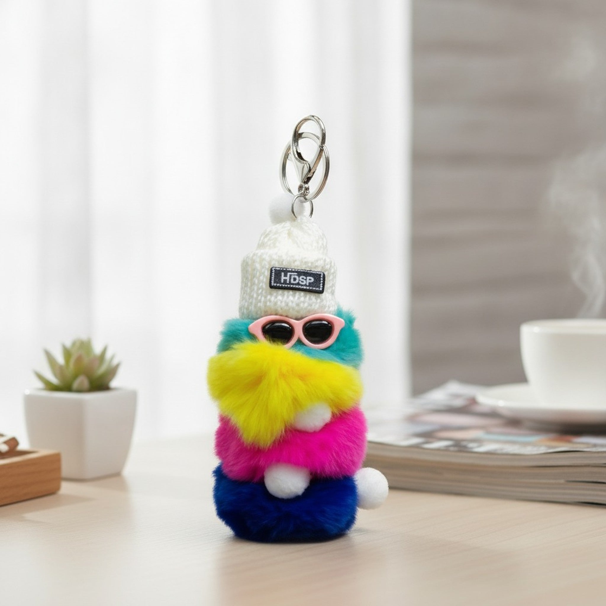 Colorful Gradient Faux Fur Beanie Keychain Charm – novelty & toys (view 2)
