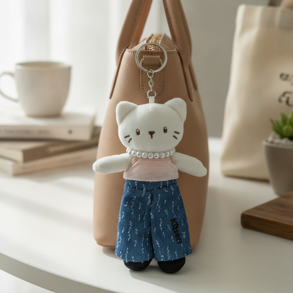 Plush Cat Keychain with Pearl Necklace – novelty & toys (view 2)