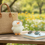 Adorable Fluffy Duck Keyring with Straw Hat – novelty & toys (view 2)