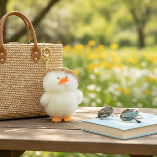 Adorable Fluffy Duck Keyring with Straw Hat – novelty & toys (view 2)
