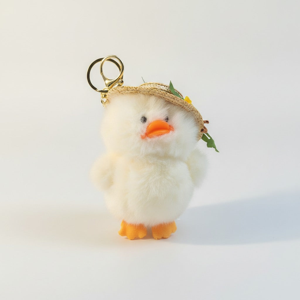 Adorable Fluffy Duck Keyring with Straw Hat – novelty & toys (view 1)