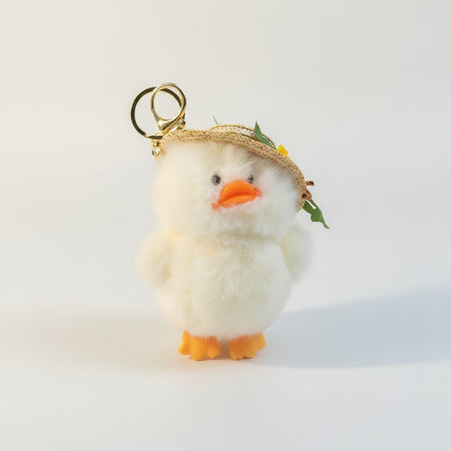 Adorable Fluffy Duck Keyring with Straw Hat – novelty & toys (view 1)